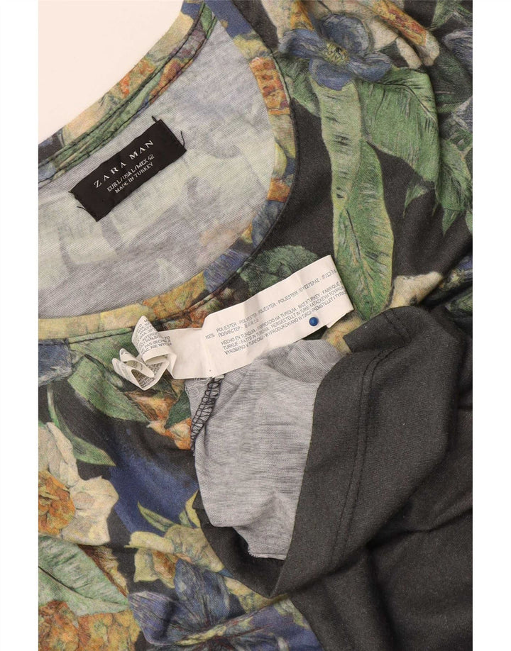 Zara Herren-T-Shirt mit Grafik, groß, grau, geblümt, Polyester