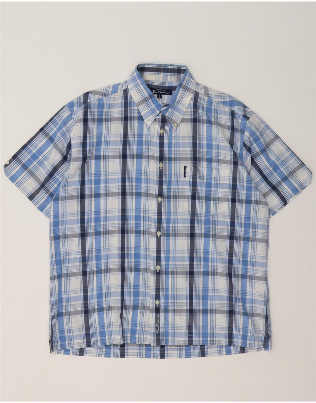 Ben Sherman Herren-Kurzarmhemd, groß, blau kariert, Baumwolle