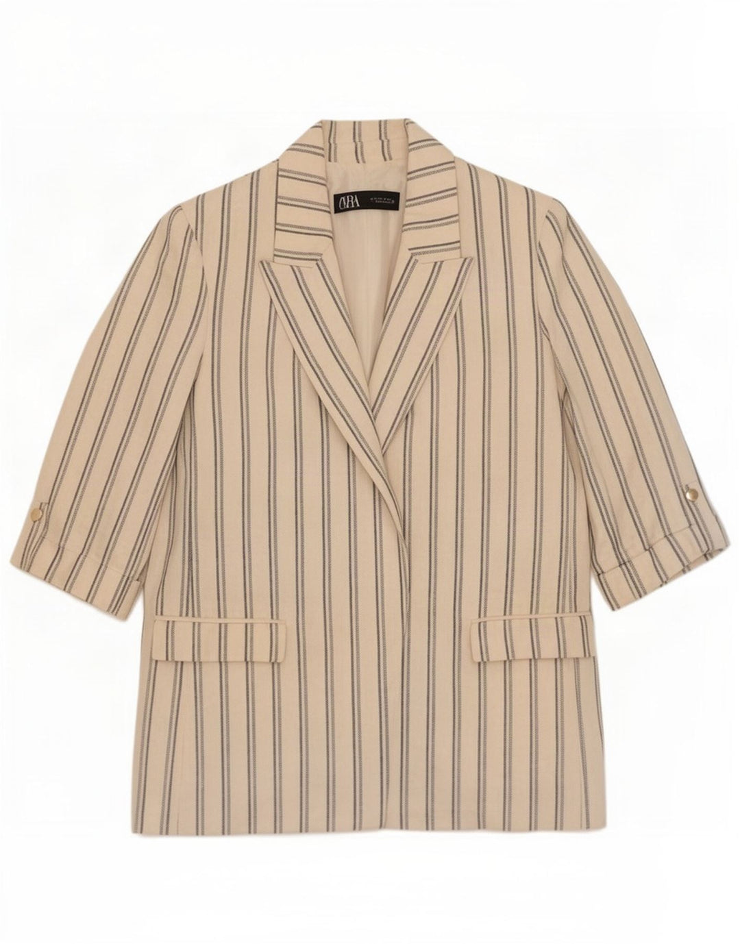 Zara Damen-Blazerjacke mit 3/4-Ärmeln, Gr. 10, Größe S, gebrochenes Weiß, gestreift