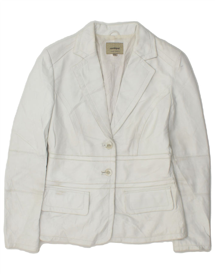 CONBIPEL Womens 2 Button Fleece Blazer Jacket IT 44 Medium White Leather Vintage Conbipel and Second-Hand Conbipel from Messina Hembry 