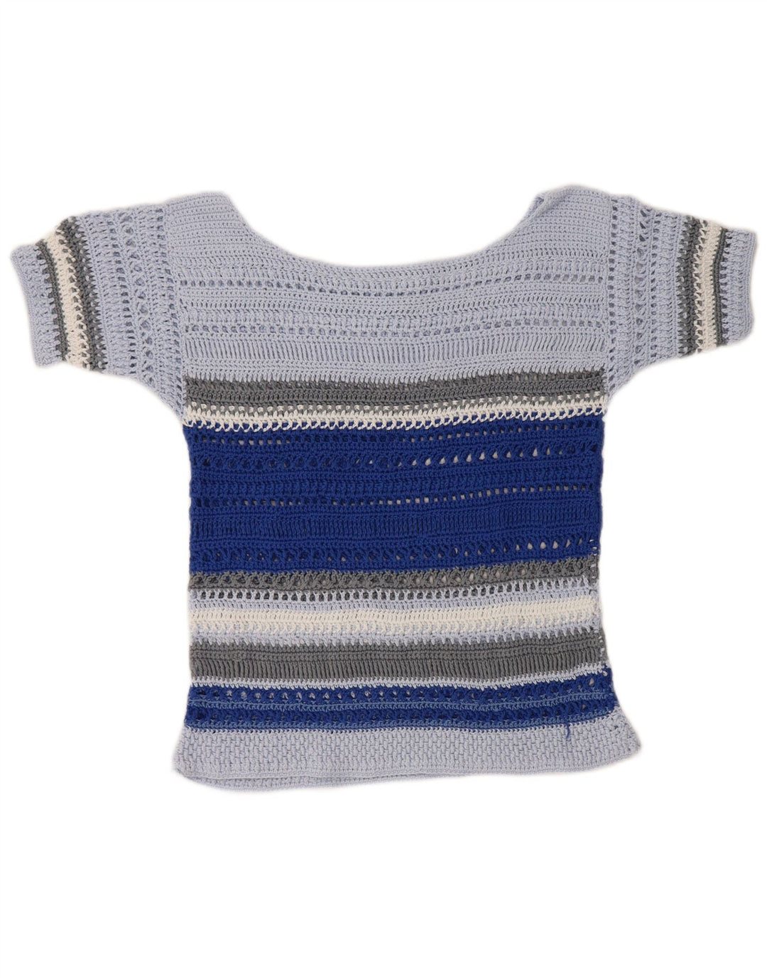 Vintage Damen Häkelbluse Top UK 10 Klein blau gestreift
