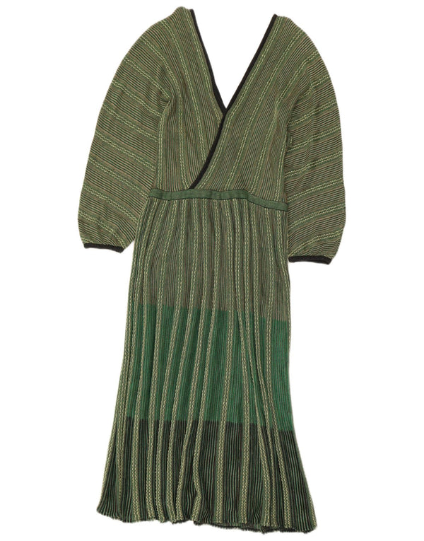 Vintage Damen Strick Langarm Maxikleid IT 42 Mittelgrün gestreift