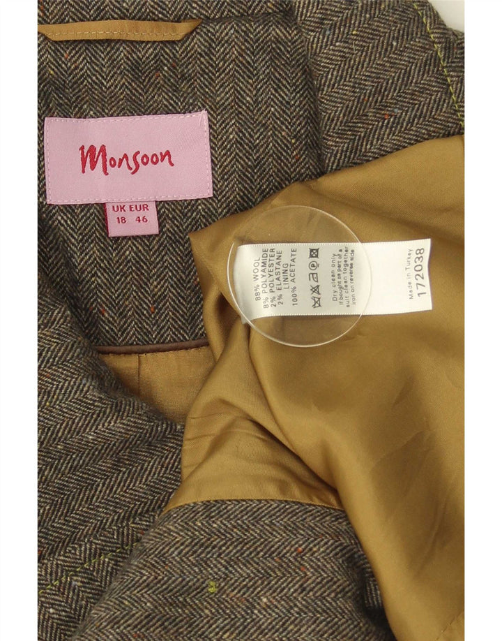 Monsoon Damen Kurzer Pea Coat mit 3/4-Ärmeln, UK 18, XL, graue Wolle mit Fischgrätenmuster