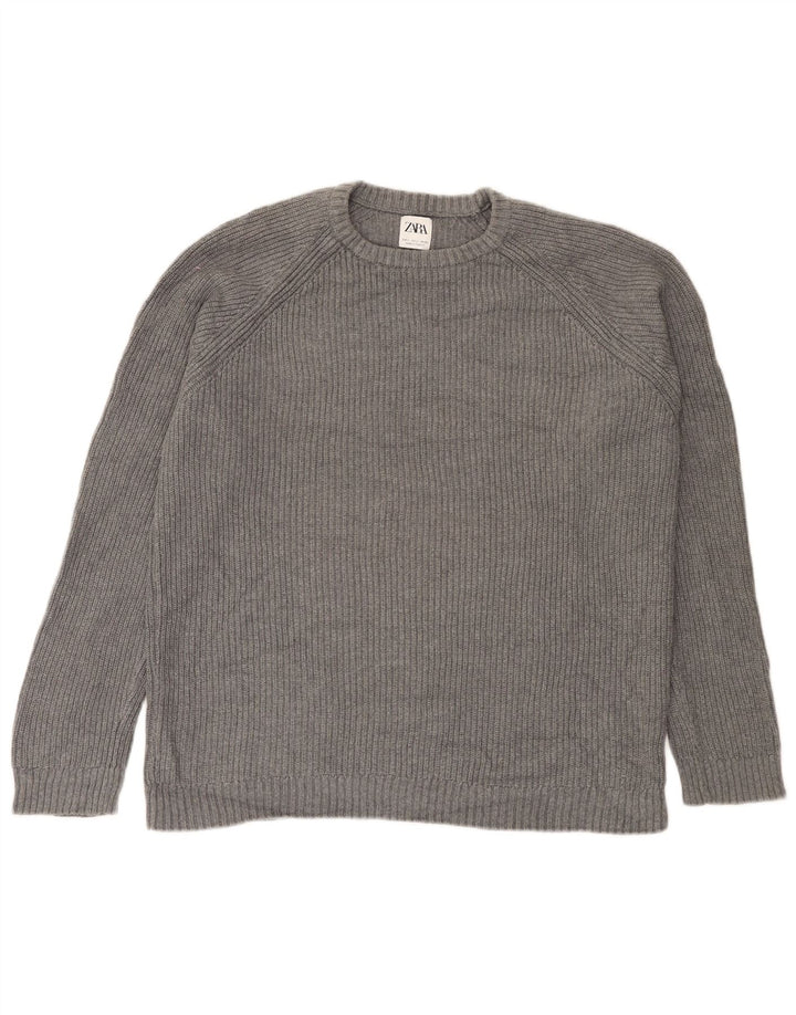 Zara Herren-Pullover mit Rundhalsausschnitt, groß, graue Baumwolle