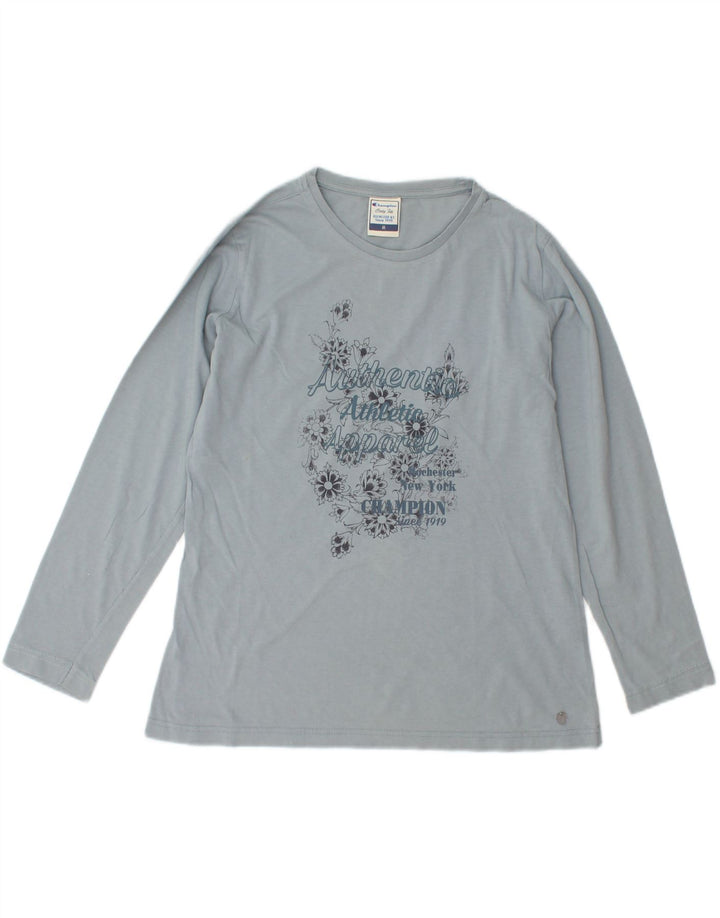 CHAMPION Womens Rochester Graphic Top Long Sleeve UK 14 Medium Blue Cotton