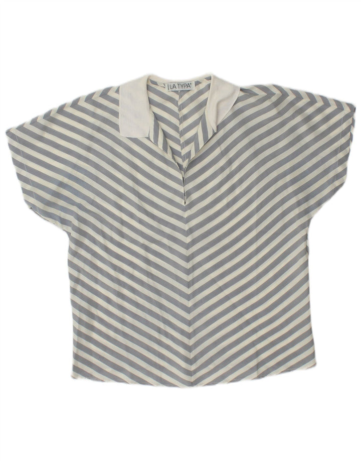 Vintage Damen Kurzarm-Pullover-Hemdbluse UK 14 Mittelgrau gestreift