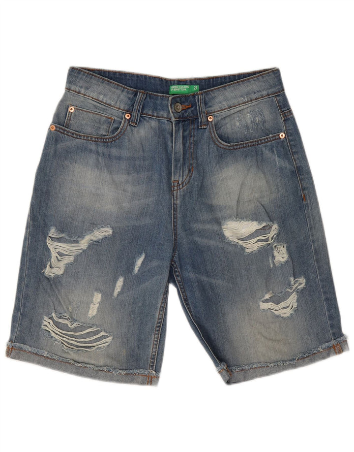 BENETTON Damen Distressed Denim Shorts W27 Small Blaue Baumwolle