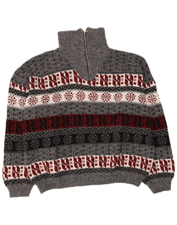 Vintage Damen Pullover mit Reißverschluss, UK 14, Mittelgrau, Fair Isle