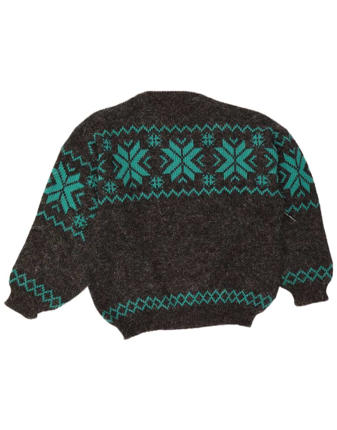 Vintage Herren-Pullover mit U-Boot-Ausschnitt, groß, graue Fair-Isle-Wolle