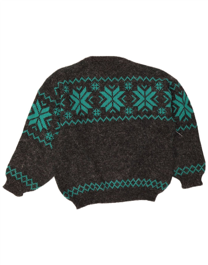 Vintage Herren-Pullover mit U-Boot-Ausschnitt, groß, graue Fair-Isle-Wolle
