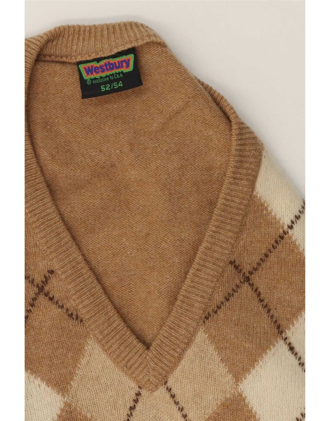 WESTBURY Herren-Pullover mit V-Ausschnitt, Gr. 52/54, groß, beige Argyle/Diamant