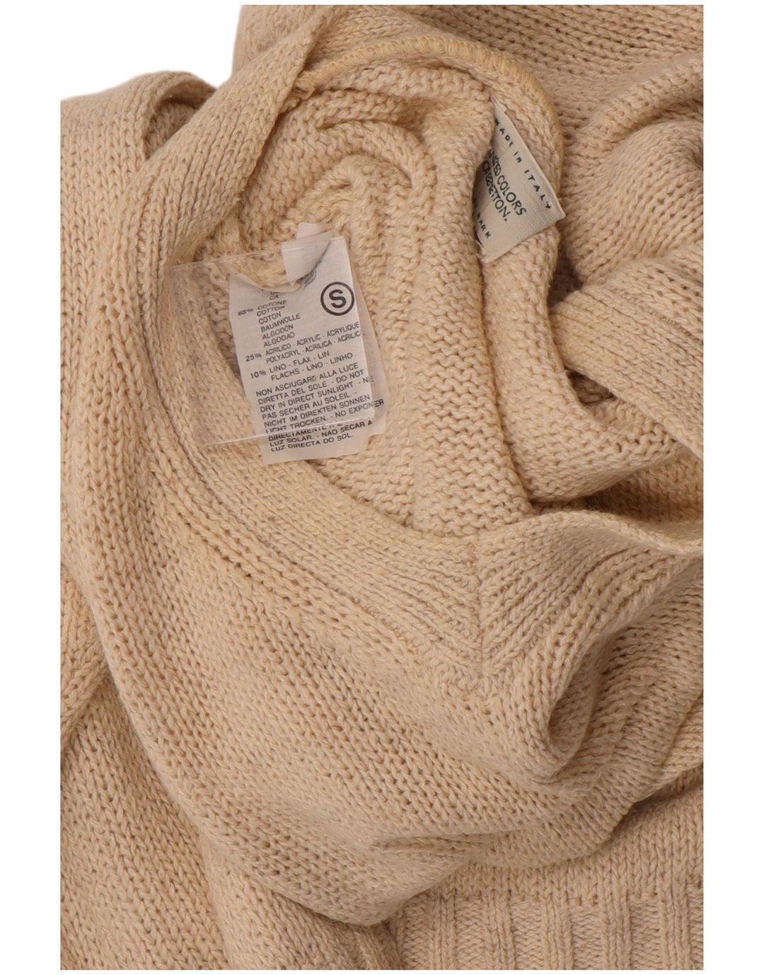 BENETTON Mens V-Neck Jumper Sweater Small Beige Cotton