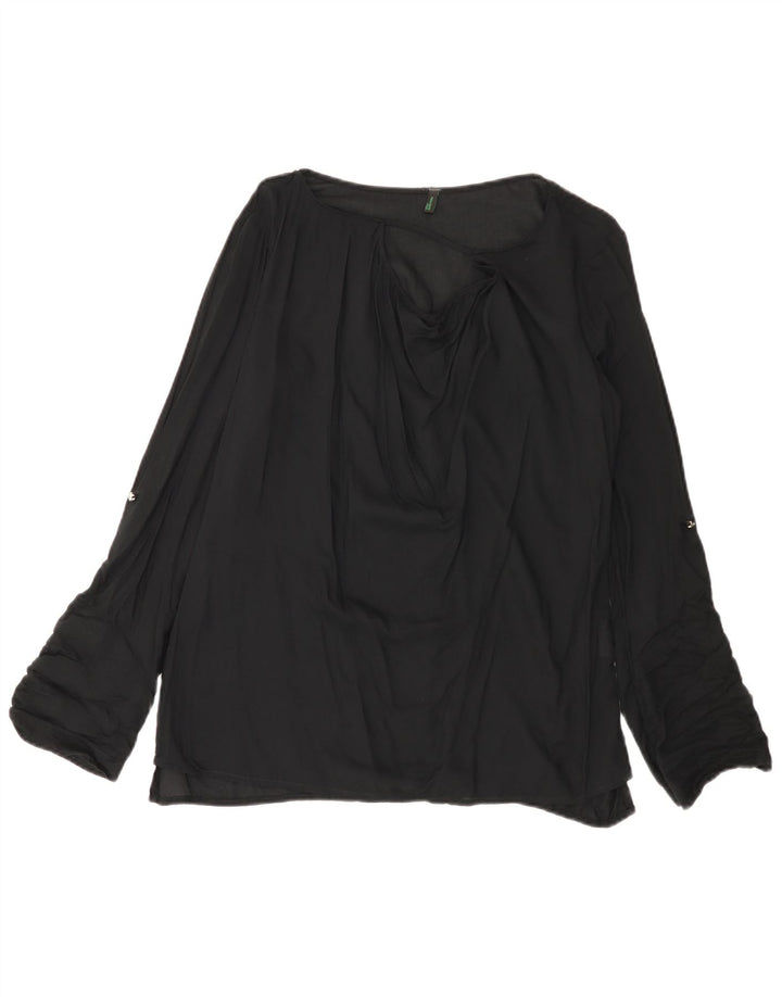BENETTON Damen Langarm-Blusenoberteil UK 14 Mittelschwarze Viskose