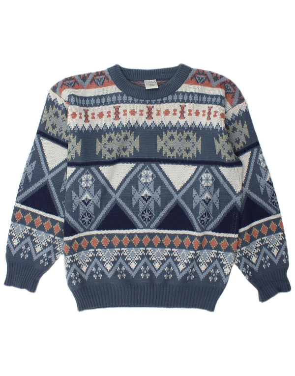 Vintage Herren Loose Fit Rundhalspullover Pullover UK 34/36 XS Blau Fair Isle
