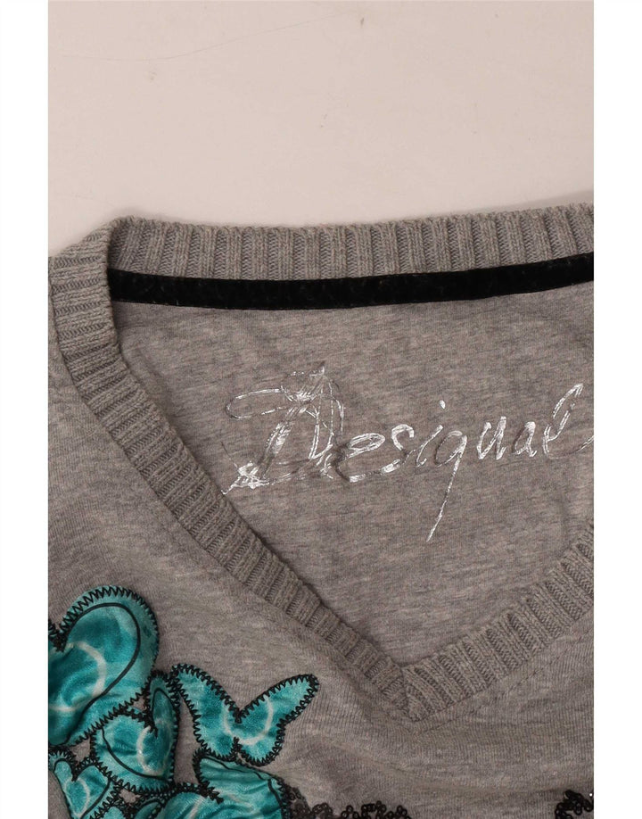 Desigual Damen Graphic Top Langarm UK 14 Mittelgraues Herz