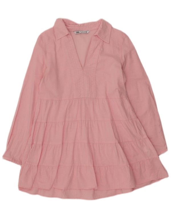 Zara Damen Langarm-Stufenkleid UK 10 Small Rosa Baumwolle