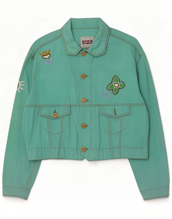 Sisley Womens Relaxed Fit Denim Jacket UK 14 Large Green Floral Retro