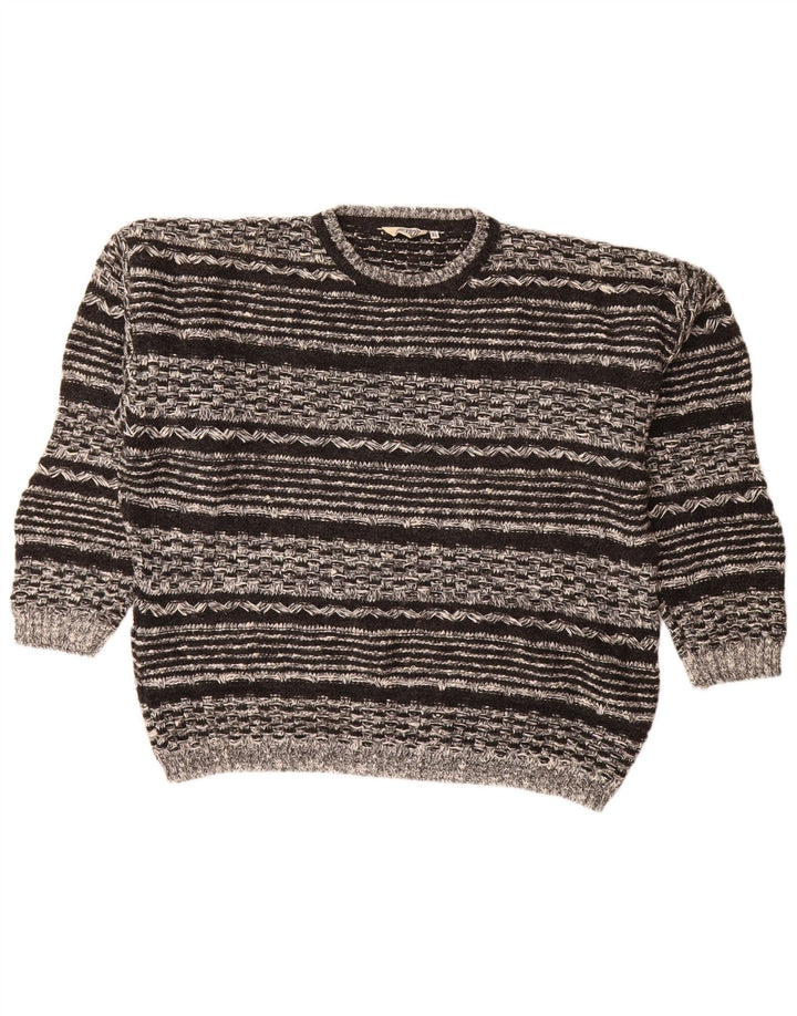 VINTAGE Herren-Pullover mit Rundhalsausschnitt, XL, schwarze, geometrische Wolle