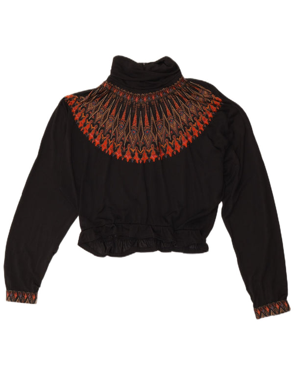 Vintage Damen Oversized Crop Bluse Top UK 16 Large Schwarz Fair Isle