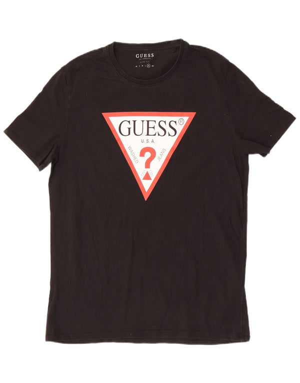 Guess Herren Slim Fit Grafik-T-Shirt-Oberteil XL aus schwarzer Baumwolle