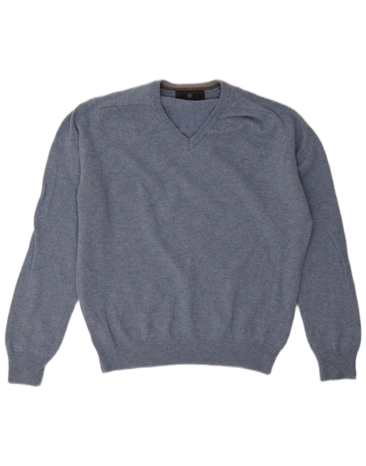 Marks & Spencer Herren-Pullover mit normaler Passform und V-Ausschnitt aus mittelblauer Wolle