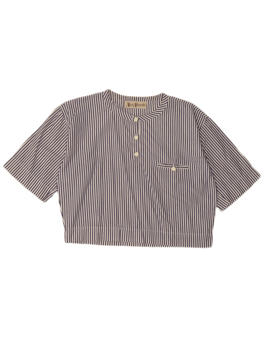 VINTAGE Damen Crop Bluse Top UK 14 Große marineblaue Nadelstreifen