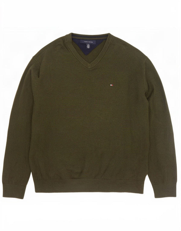 Tommy Hilfiger Herren-Pullover mit V-Ausschnitt, XL, Khaki, Baumwolle