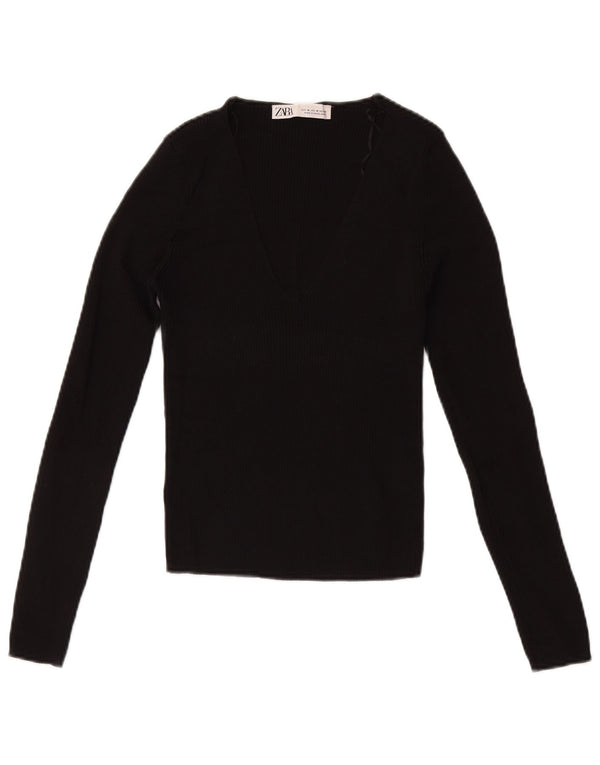 Zara Damen Crop Top Langarm UK 12 Medium Schwarz Viskose
