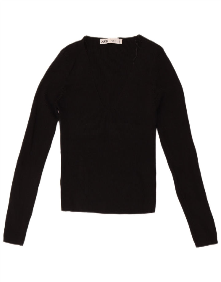 Zara Damen Crop Top Langarm UK 12 Medium Schwarz Viskose