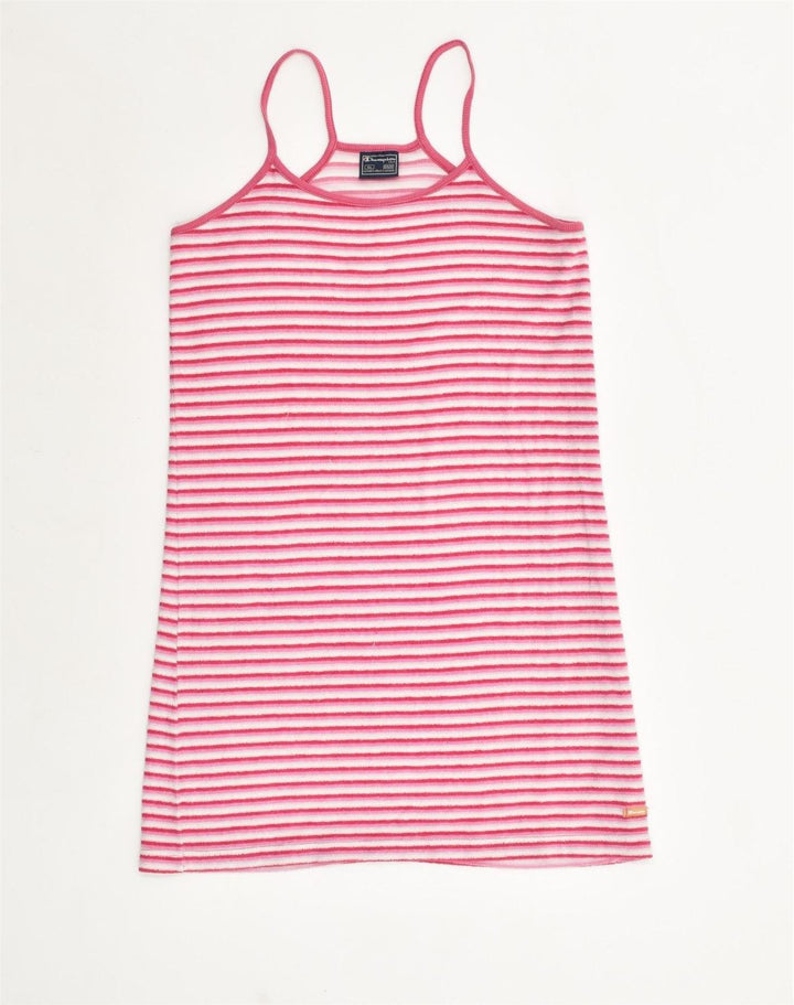 CHAMPION Girls Basic Dress 13-14 Years Pink Striped Polyester | Vintage Champion | Thrift | Second-Hand Champion | Used Clothing | Messina Hembry 