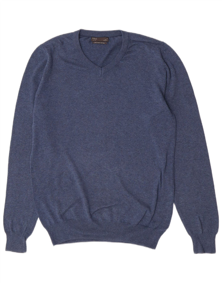 Marks & Spencer Herren-Pullover mit V-Ausschnitt aus mittelblauer Baumwolle