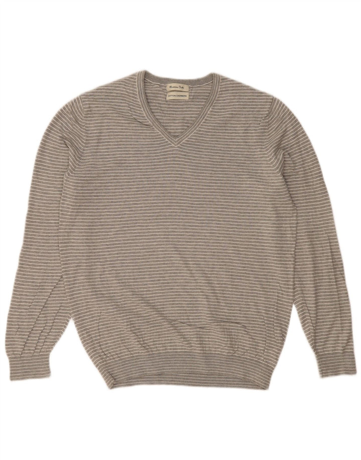 MASSIMO DUTTI Herren-Pullover mit V-Ausschnitt, groß, grau gestreift, Baumwolle