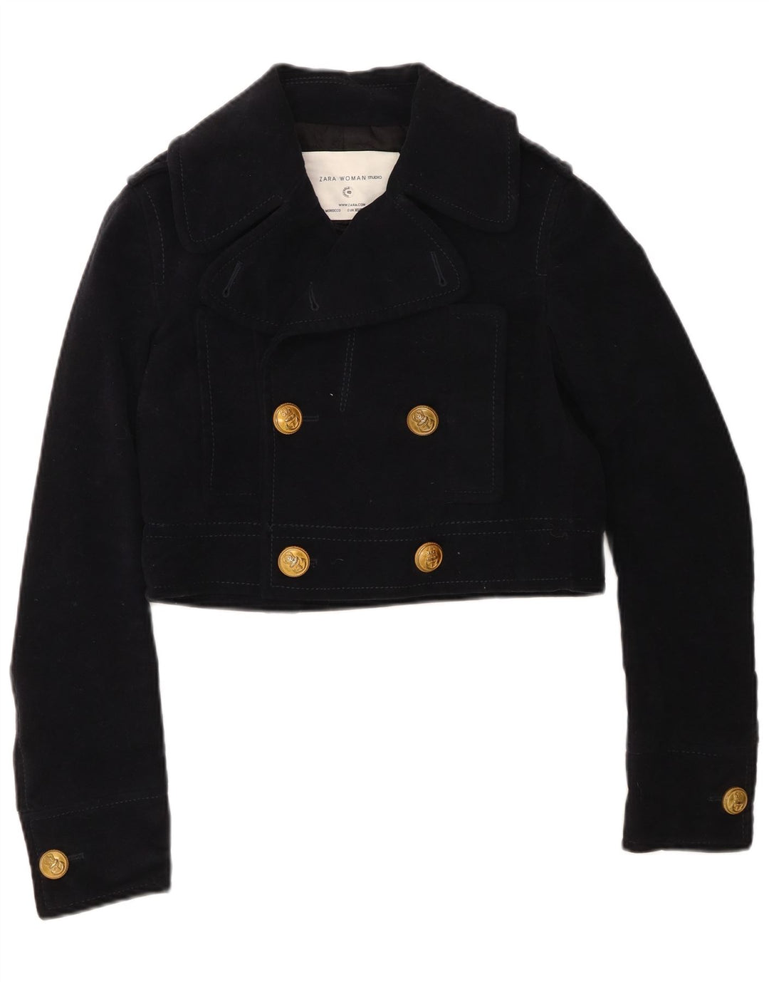 Zara Damen Crop Double Breasted Bomberjacke UK 6 XS Marineblau Baumwolle