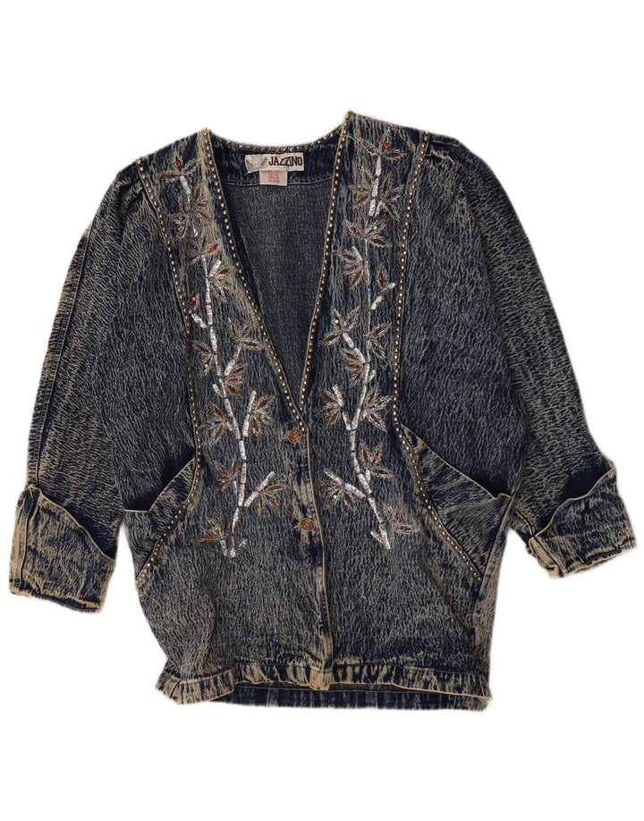 JAZZINO Damen 3/4-Ärmel übergroße Jeansjacke UK 18 XL Blau geblümt