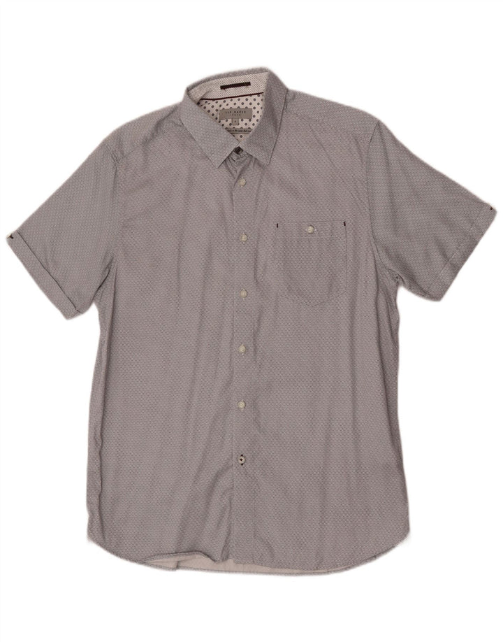 Ted Baker Herren-Kurzarmhemd, Größe 4, groß, graue, geometrische Baumwolle