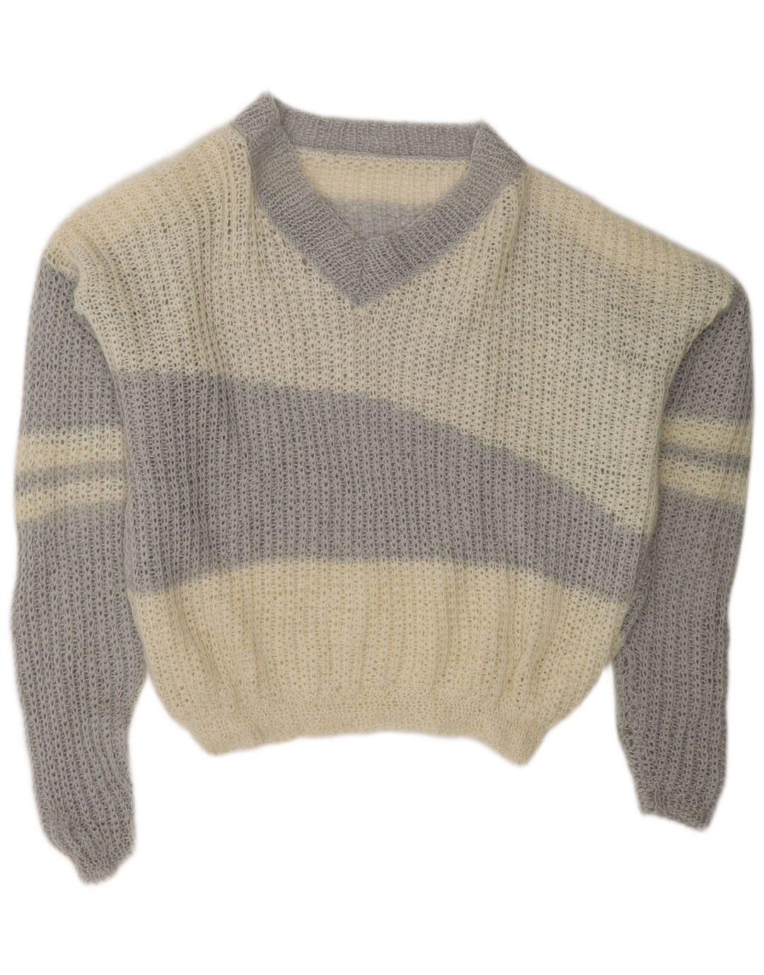 VINTAGE Damen-Pullover mit V-Ausschnitt, UK 20 2XL, gebrochenes Weiß, Farbblock