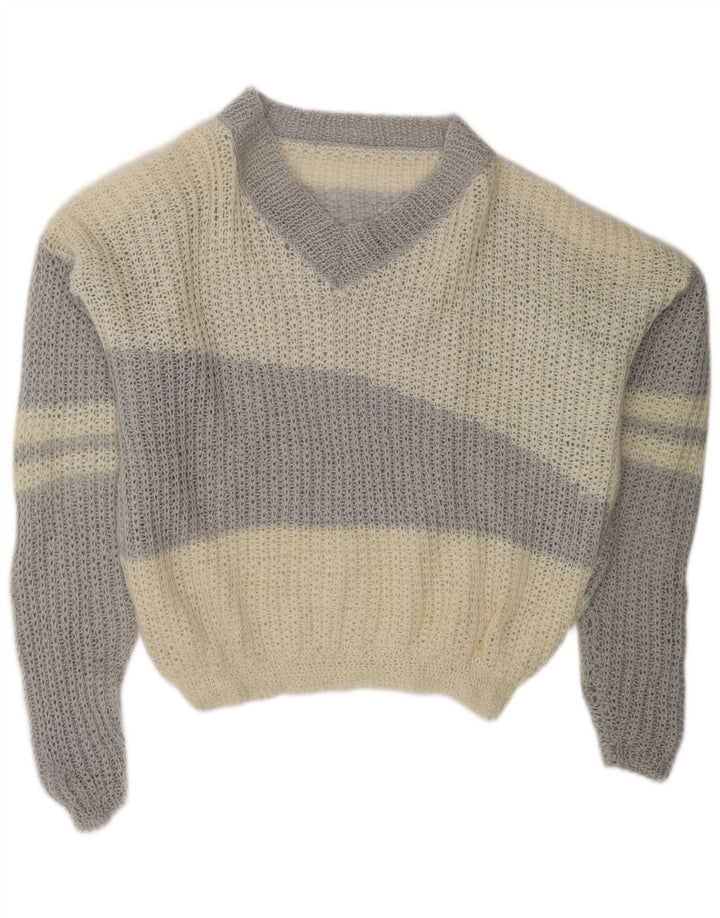 VINTAGE Damen-Pullover mit V-Ausschnitt, UK 20 2XL, gebrochenes Weiß, Farbblock