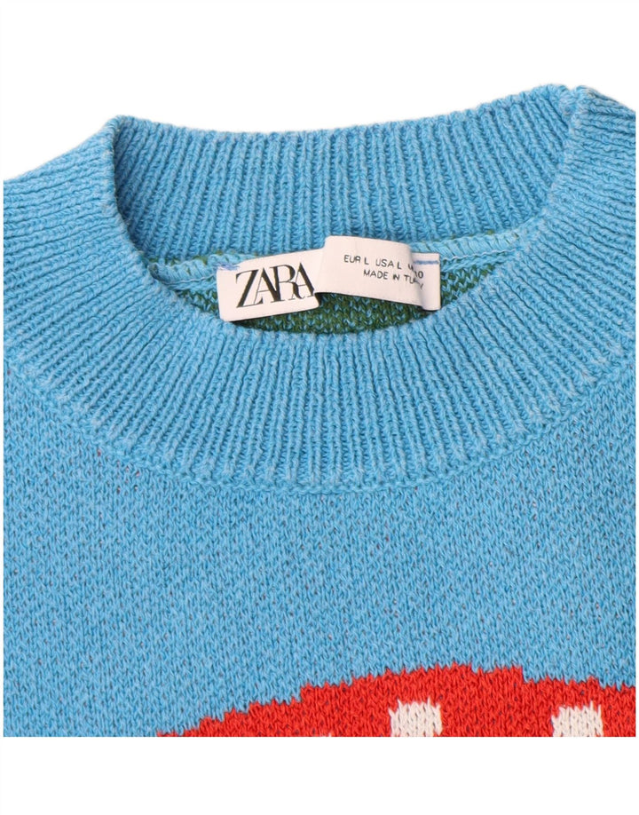 Zara Damen-Pullover mit grafischem Rundhalsausschnitt, Gr. 16, groß, grün kariert, Baumwolle