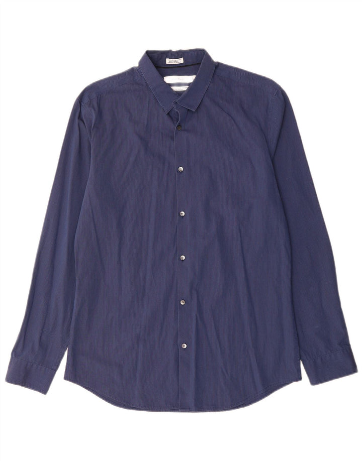 CALVIN KLEIN Herrenhemd Größe 15 15 1/2 Mittelmarineblaue Nadelstreifen-Baumwolle