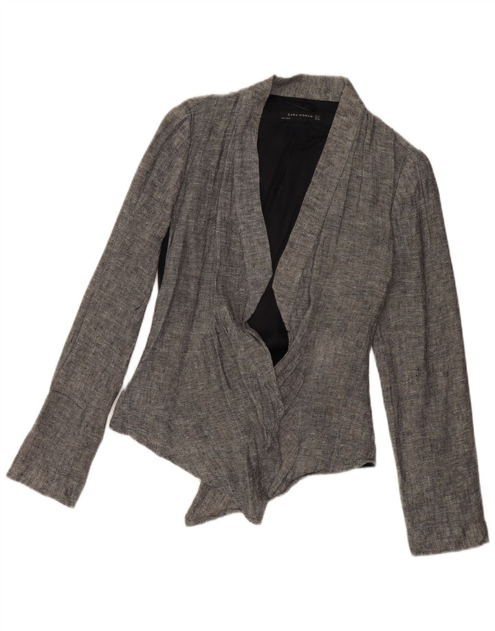 ZARA Damen-Blazer mit Krawatte vorne, UK 14, mittelgraues Colourblock-Leinen