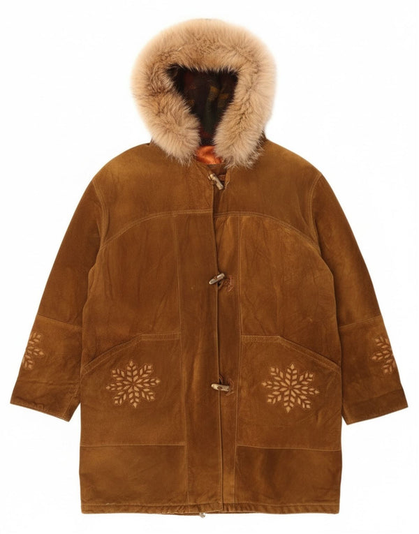 Vintage Damen Übergroßer Kapuzen-Dufflecoat UK 14 Large Brown Fair Isle