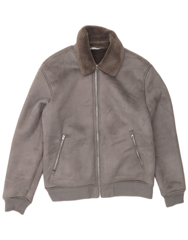 Zara Herren Sherpa Jacke UK 42 XL Grau Polyester