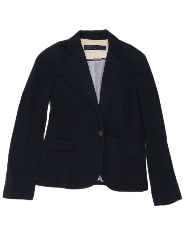Zara Damen 1-Knopf-Blazerjacke UK 12 Mittelmarineblaue Baumwolle