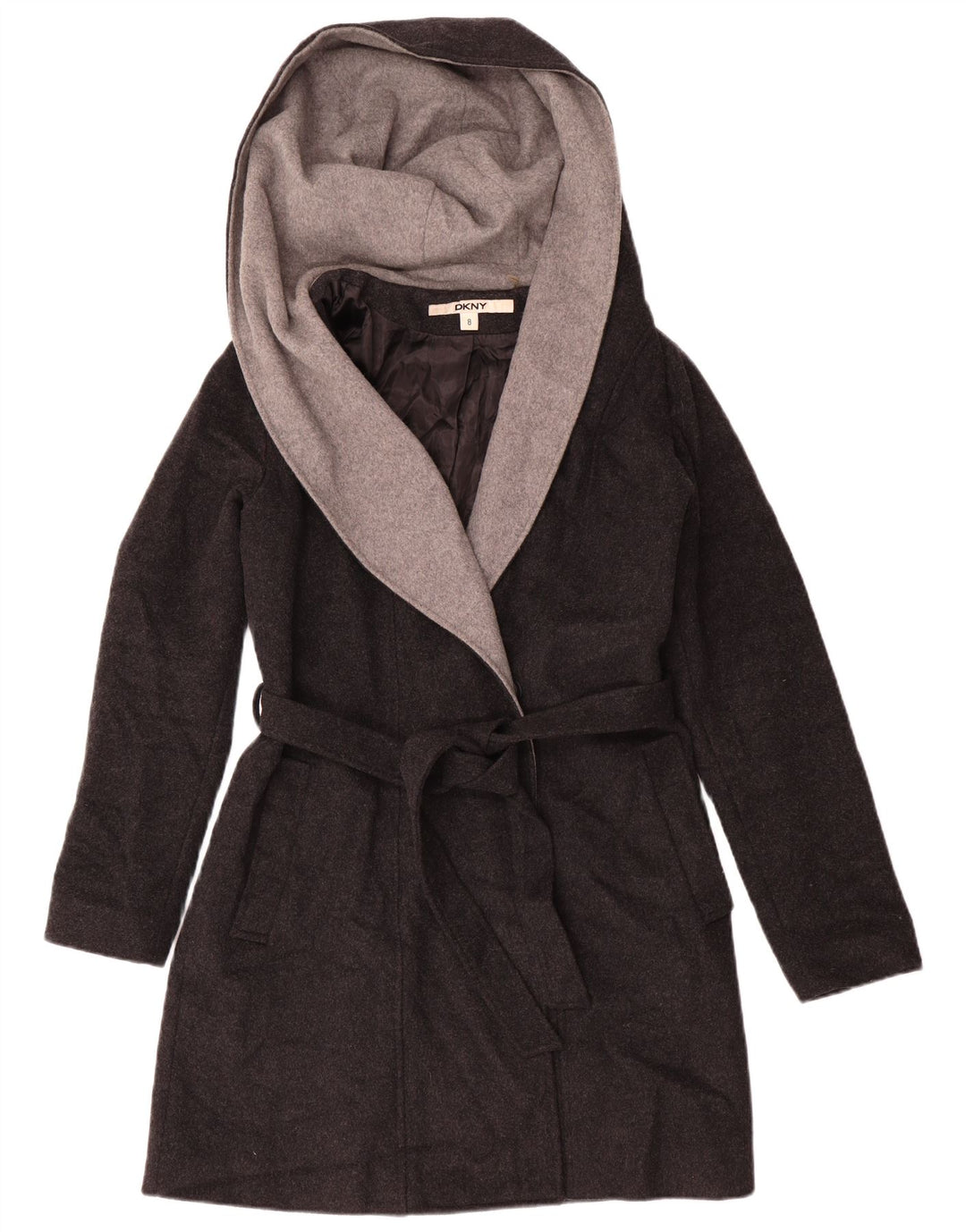 Dkny Womens Hooded Open Overcoat US 8 Mittelgraue Wolle