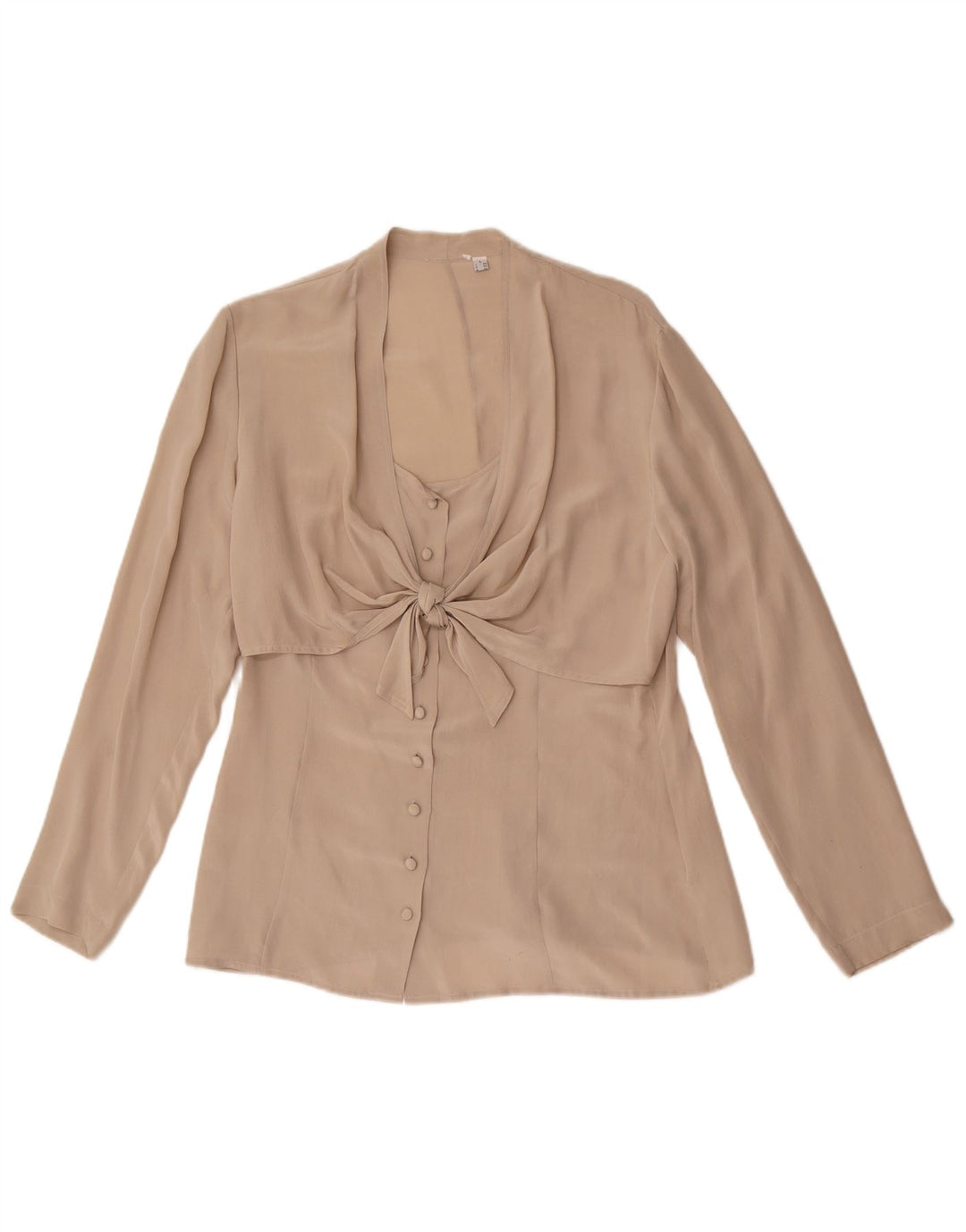 Vintage Damen-Hemdbluse mit Krawatte vorne, UK 14, große beige Seide