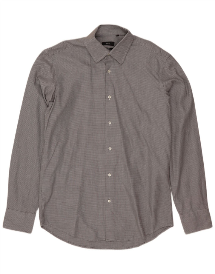 Hugo Boss Herrenhemd Größe 40 15 3/4 mittelgrau gefleckte Baumwolle