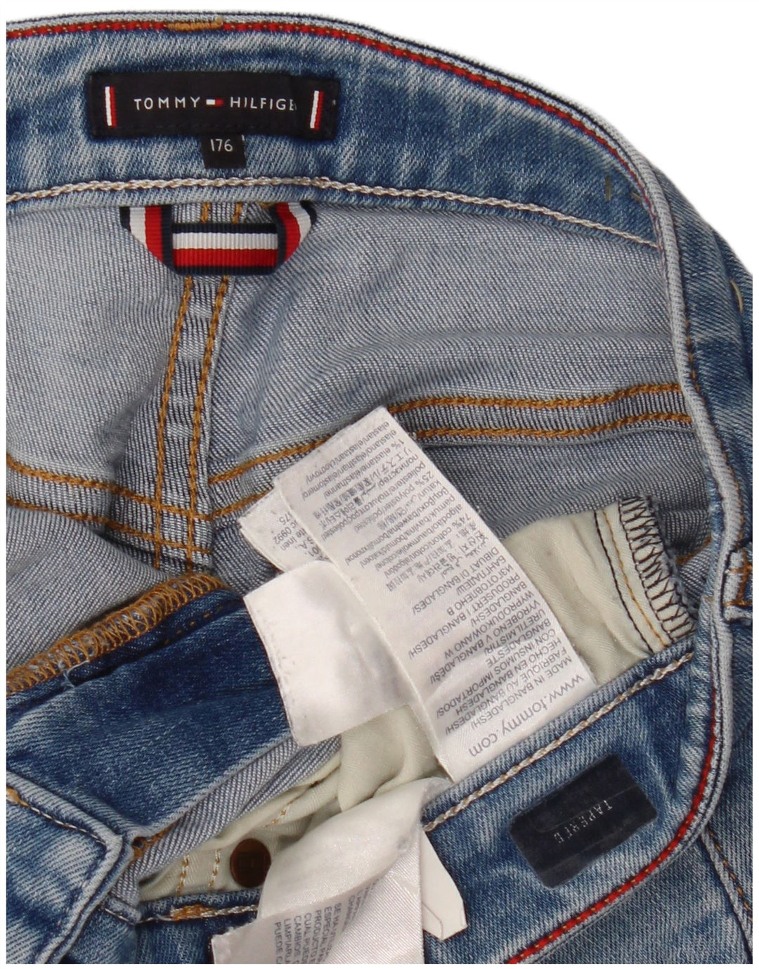 TOMMY HILFIGER konisch zulaufende Jeansshorts für Mädchen, 15–16 Jahre, W30, blaue Baumwolle