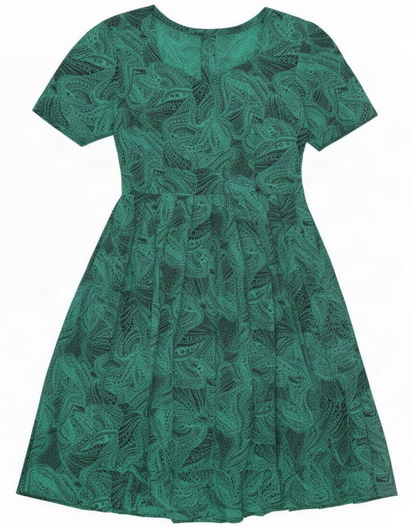 Vintage Womens Short Sleeves A-Line Dress UK 12 Medium Green Paisley