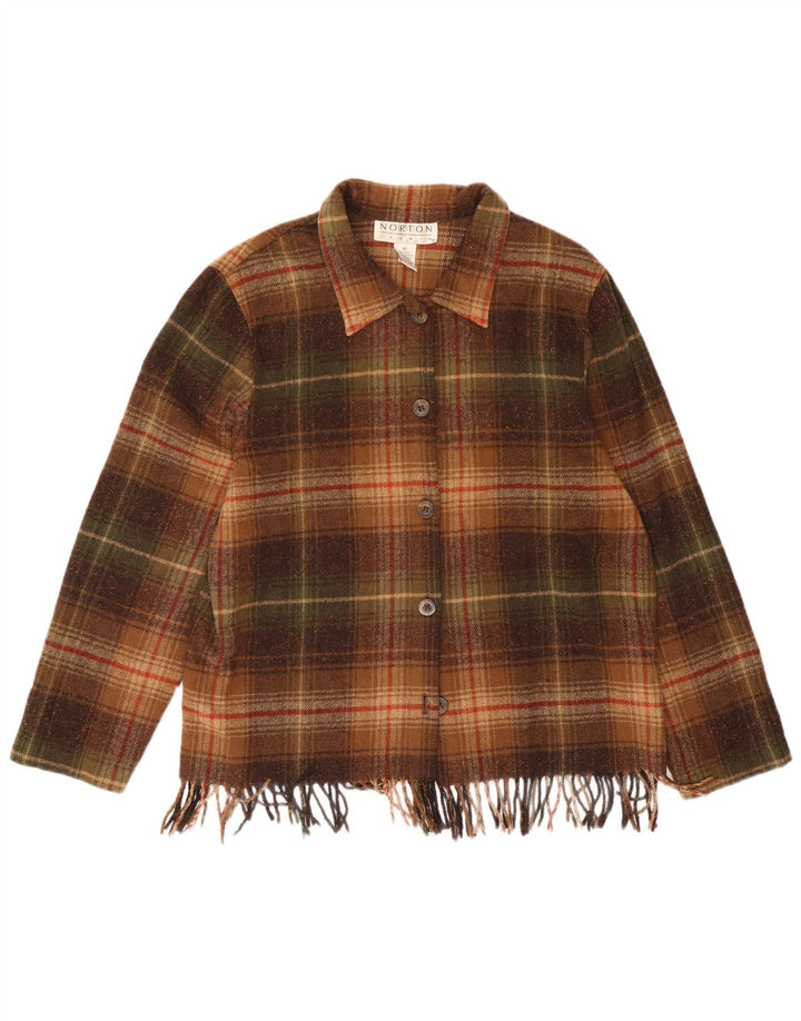 Vintage Damen Overshirt Flanellhemd UK 12 Mittelbraun karierte Wolle