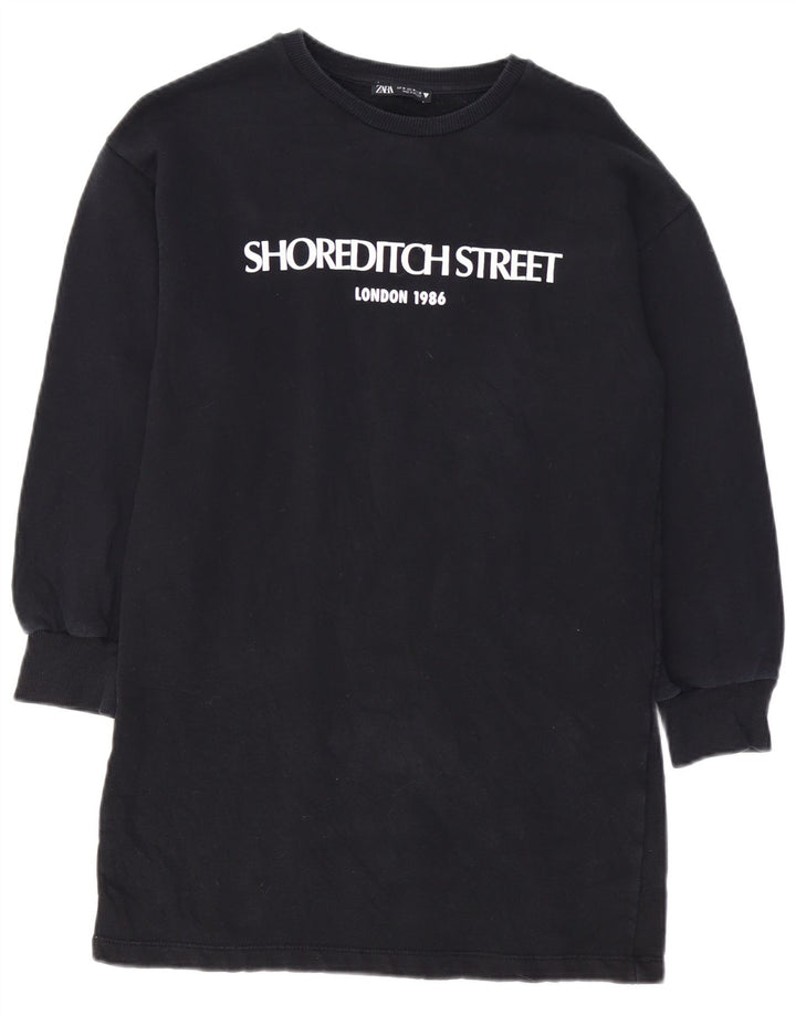 ZARA Damen Grafik-Sweatshirt-Pulloverkleid UK 14 Mittelschwarze Baumwolle